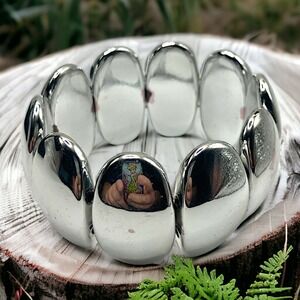 Vintage Silver-Tone Mirrored Oval Tiles Stretch 2.75" Bracelet!